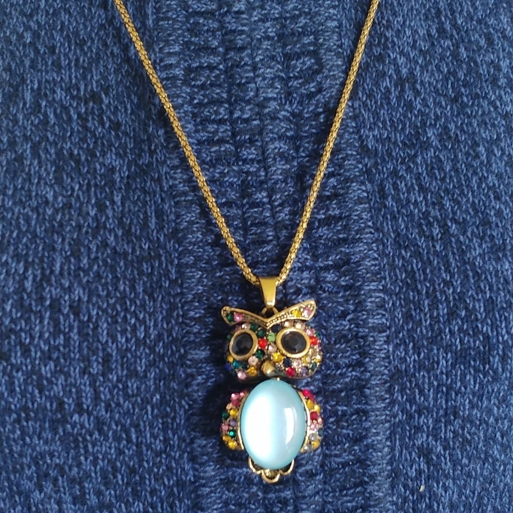 Multi Color Crystal Stone Owl and Chain Necklace